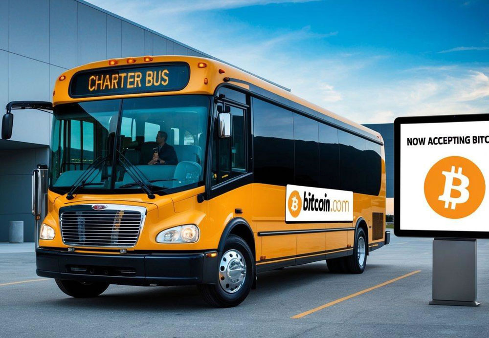 A charter bus parked in front of a modern building, with a digital sign displaying "Now Accepting Bitcoin" while passengers board