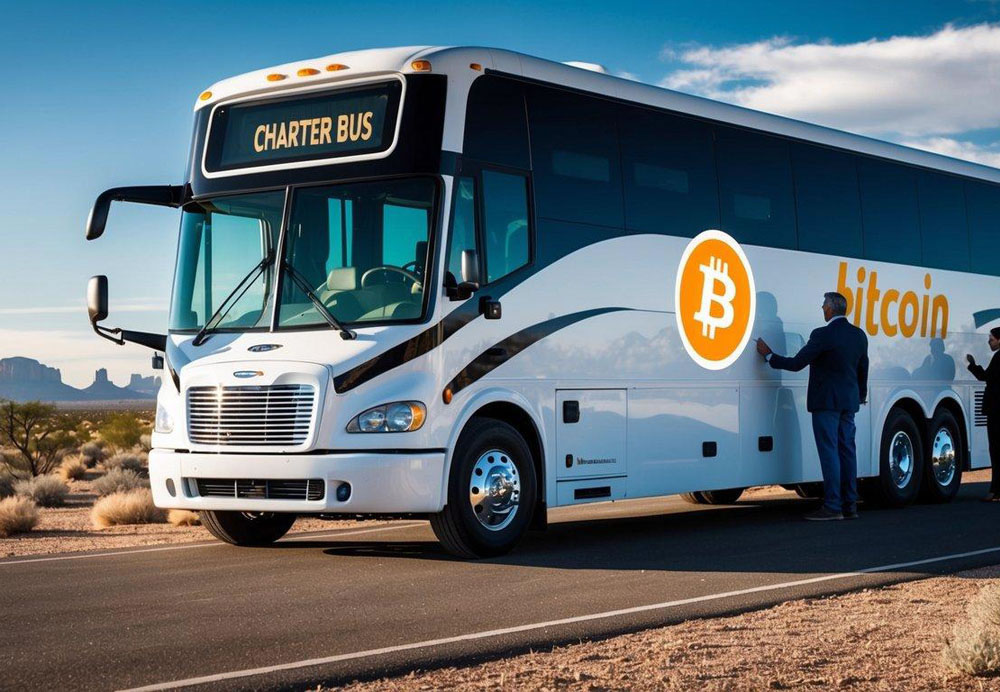 A charter bus parked in front of a scenic Arizona landscape, with a Bitcoin symbol displayed prominently on the side, as passengers board and pay with digital currency