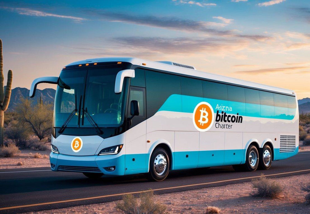 A futuristic Arizona charter bus with a Bitcoin payment logo on the side, driving through a desert landscape with cacti and mountains in the background